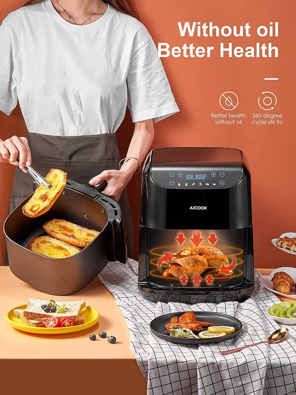 AICOOK Air Fryer. 5.8QT 1500W. 6 Presets. Timer. Preheat. Touchscreen LED. Black