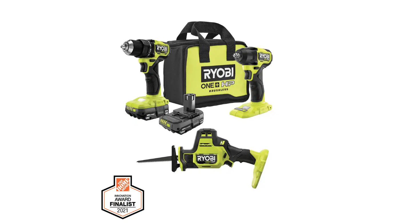 RYOBI PSBDD01K-PSBRS01B-PSBIW01B ONE+ HP 18V Brushless Cordless Compact 1/2 in. Drill/Driver. One-Handed Reciprocating Saw. Impact Wrench. (2) Batteries. Charger