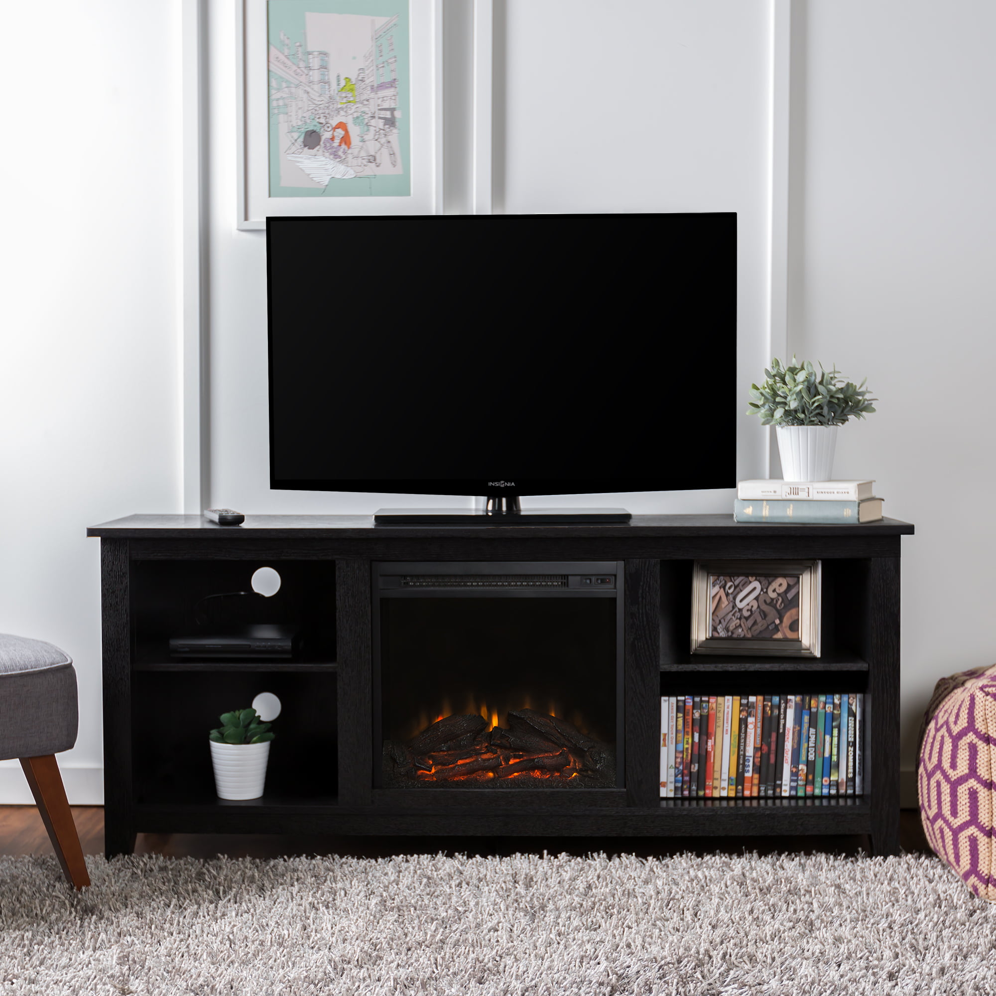 Walker Edison Traditional Fireplace TV Stand for TVs Up to 64″ - Black