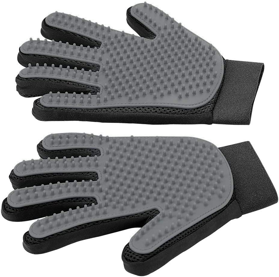 Pet Grooming Glove Gray - Gentle Deshedding Brush Glove - Efficient Pet Hair Remover Mitt - Enhanced Five Finger Design - Perfect for Dog and Cat with Long & Short Fur 1 Pair