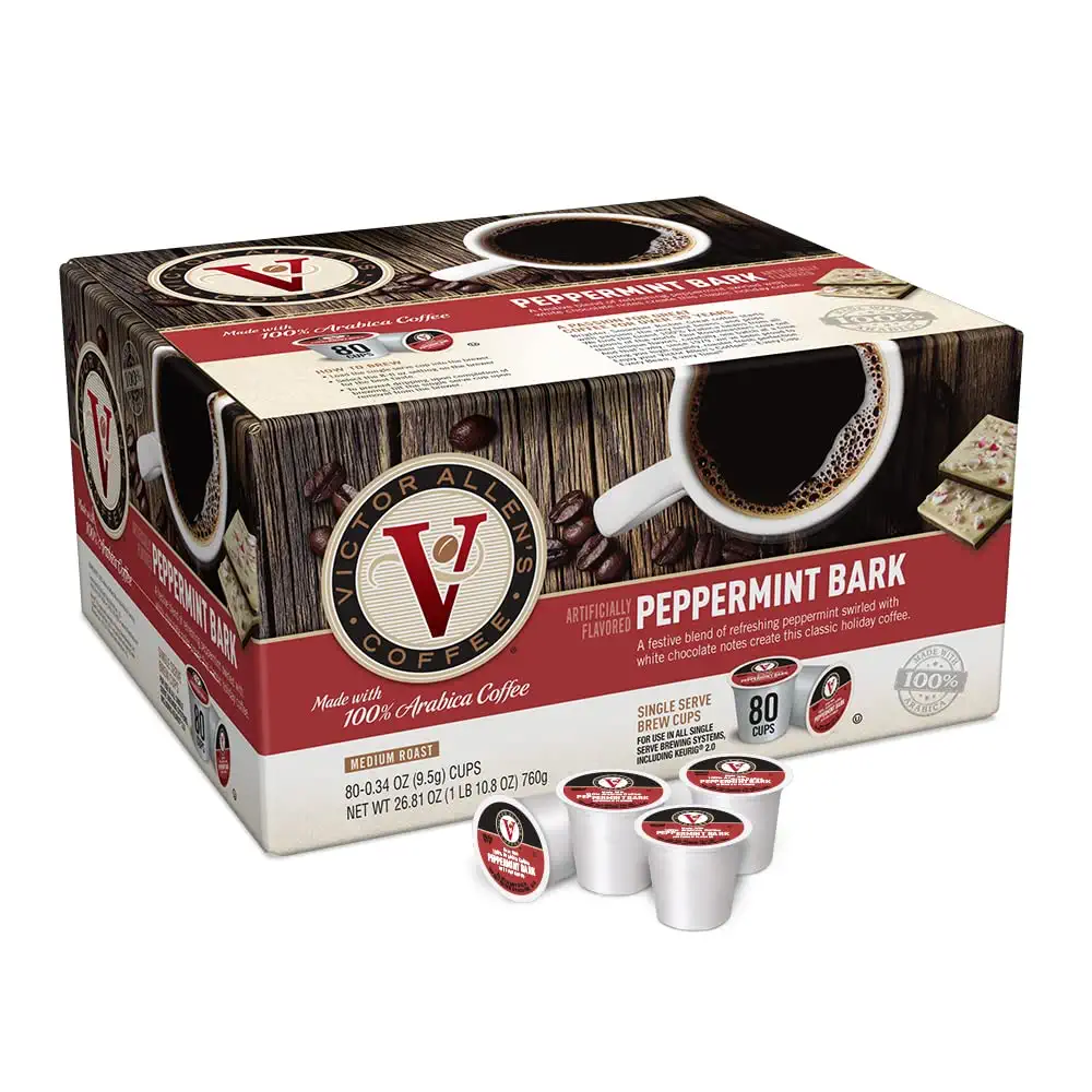 Victor Allen-s Coffee Peppermint Bark Flavored Medium Roast 80 Count. Single Serve Coffee Pods for Keurig K-Cup Brewers