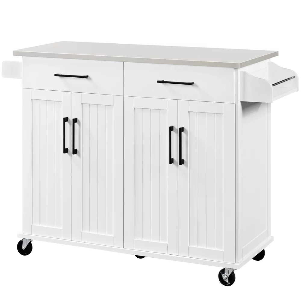 Easyfashion Large Kitchen Island Cart with Stainless steel tabletop. White