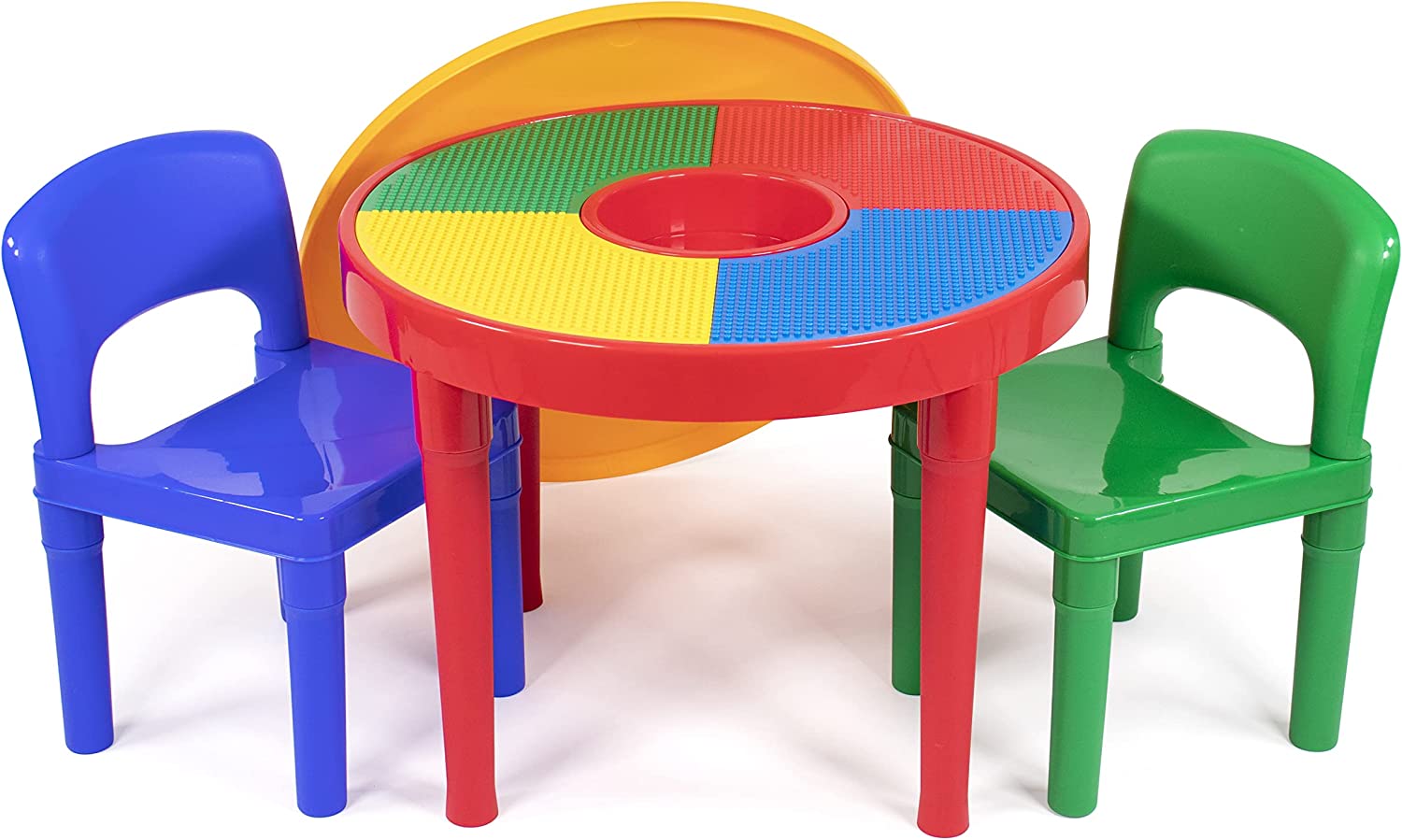 Humble Crew. Red/Green/Blue Kids 2-in-1 Plastic Building Blocks-Compatible Activity Table and 2 Chairs Set. Round. Primary Colors