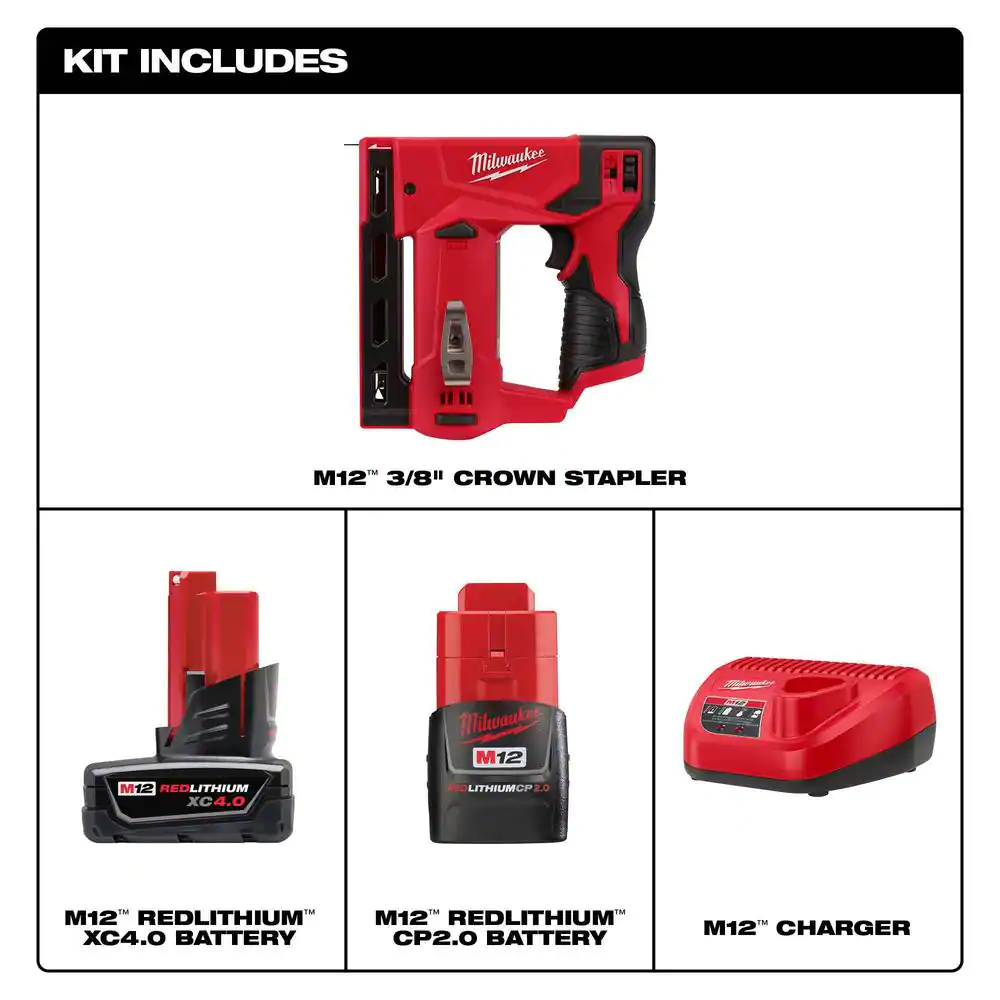 Milwaukee 2447-20-48-59-2424 M12 12-Volt Lithium-Ion Cordless 3/8 in. Crown Stapler with One 4.0 Ah and One 2.0 Ah Battery Pack and Charger