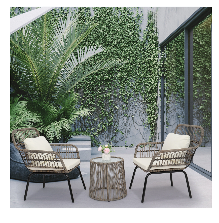 DISCOUNTTODAY  3-Piece Patio Wicker Conversation Bistro Set with 2 Chairs & Glass Top Side Table & Cushions Tan
