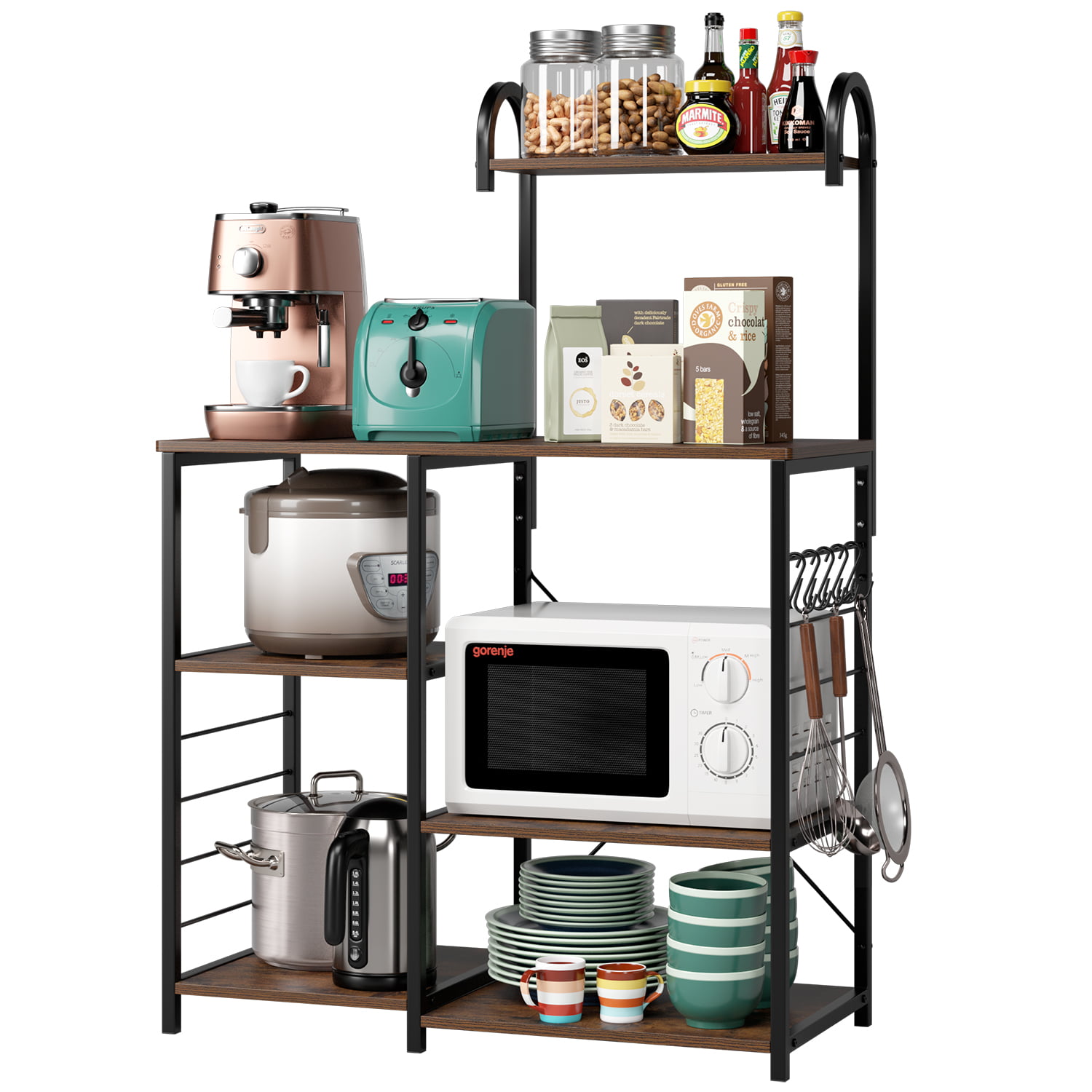Homfa Bakers Rack. 5 Tier Wood Kitchen Stand with Storage Shelf. Iron Frame Microwave Oven Cart. Rustic Brown Finish