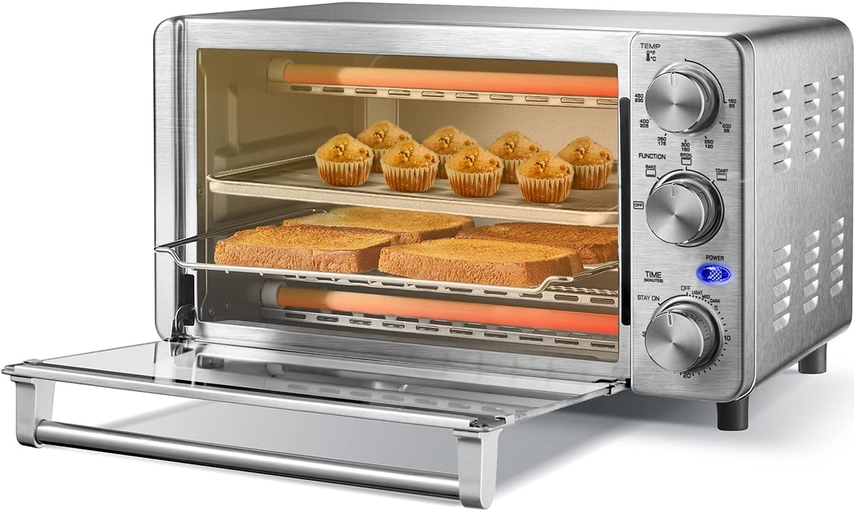 COMFEE- 4 Slice Small Toaster Oven Countertop. 12L with 30-Minute Timer. 3-In-One. Bake. Broil. Toast. 1100 Watts. Dual heating element. Stainless Steel(CFO-BG12(SS))
