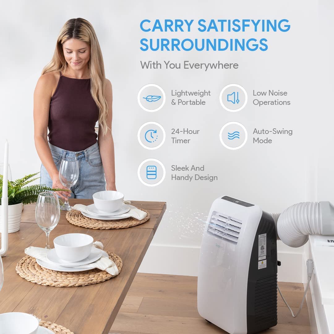 SereneLife SLPAC8 SLPAC 3-in-1 Portable Air Conditioner with Built-in Dehumidifier Function.Fan Mode. Remote Control. Complete Window Mount Exhaust Kit. 8.000 BTU. White