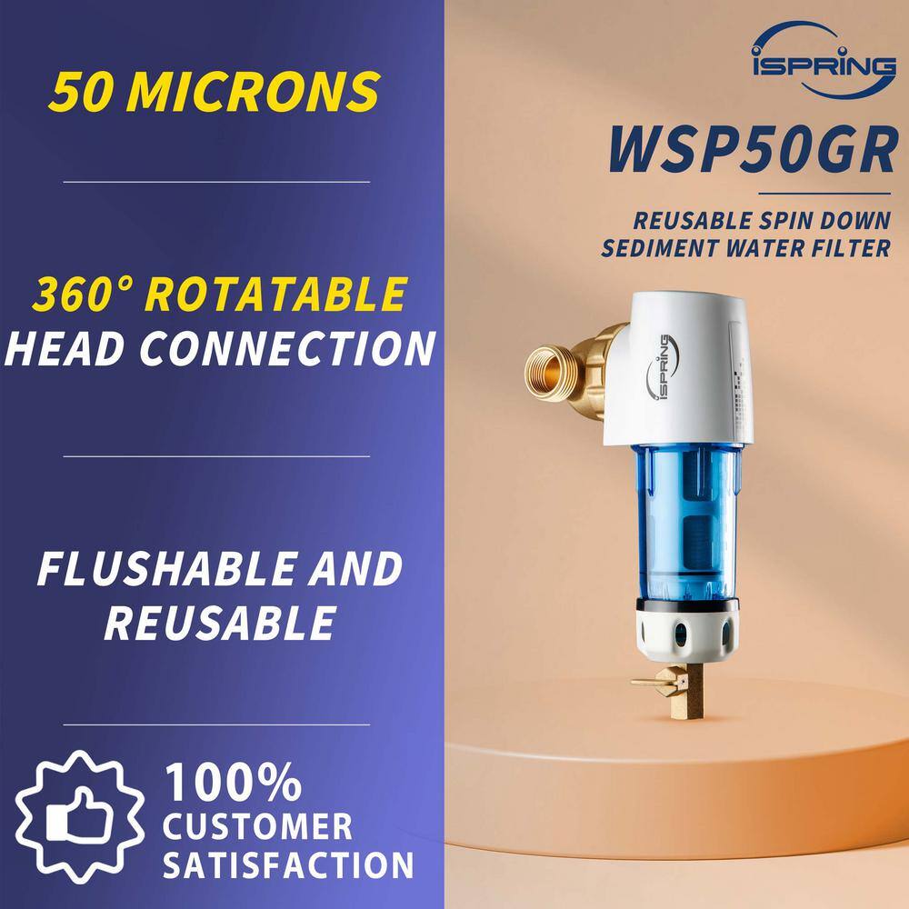ISPRING WSP50GR Reusable Spin Down Sediment Water Filter 50 Micron with Scraper and 360 Head