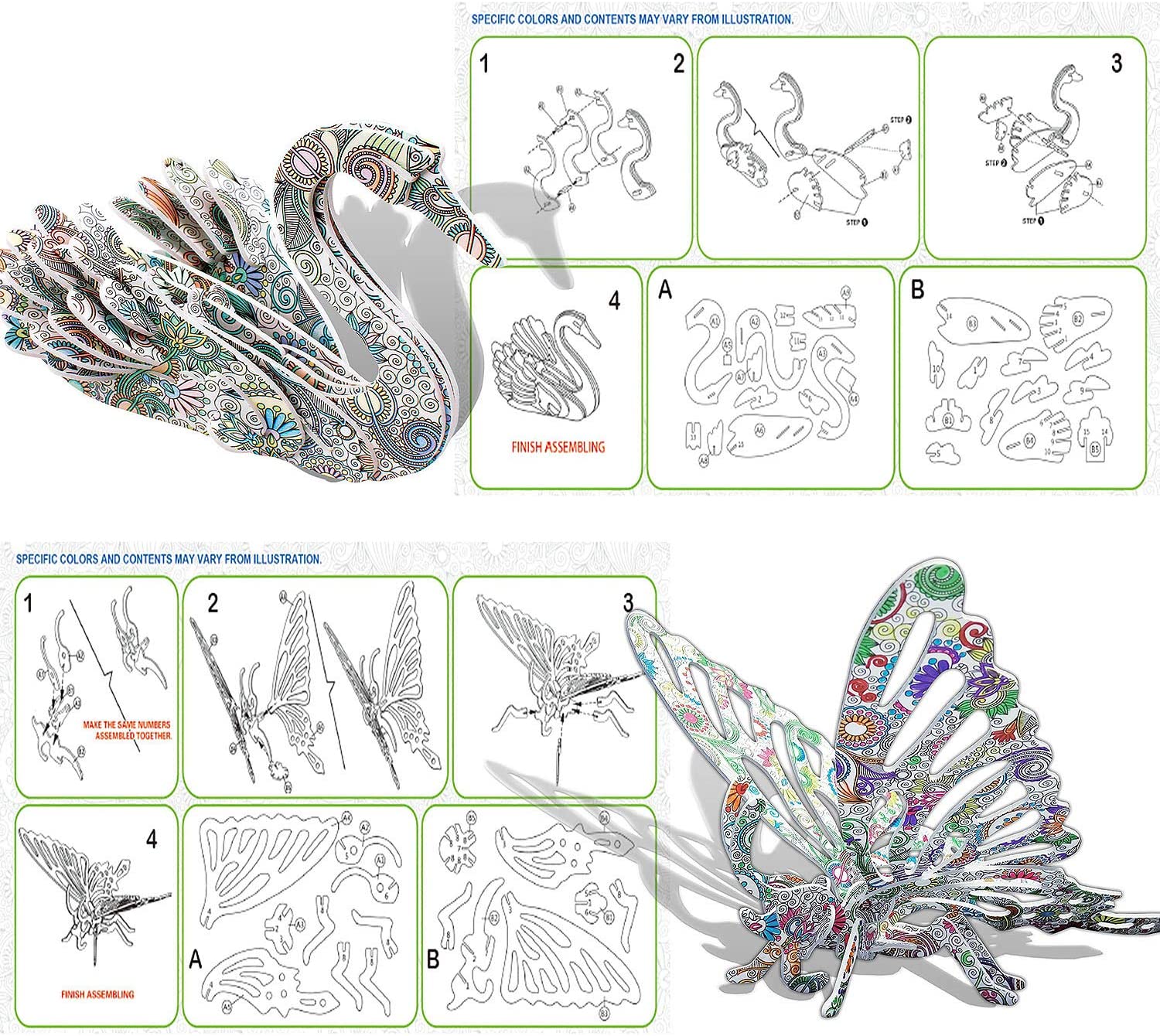KAZOKU 3D Coloring Puzzle Set. 4 Animal Puzzles with 12 Pen Marker. Art Coloring