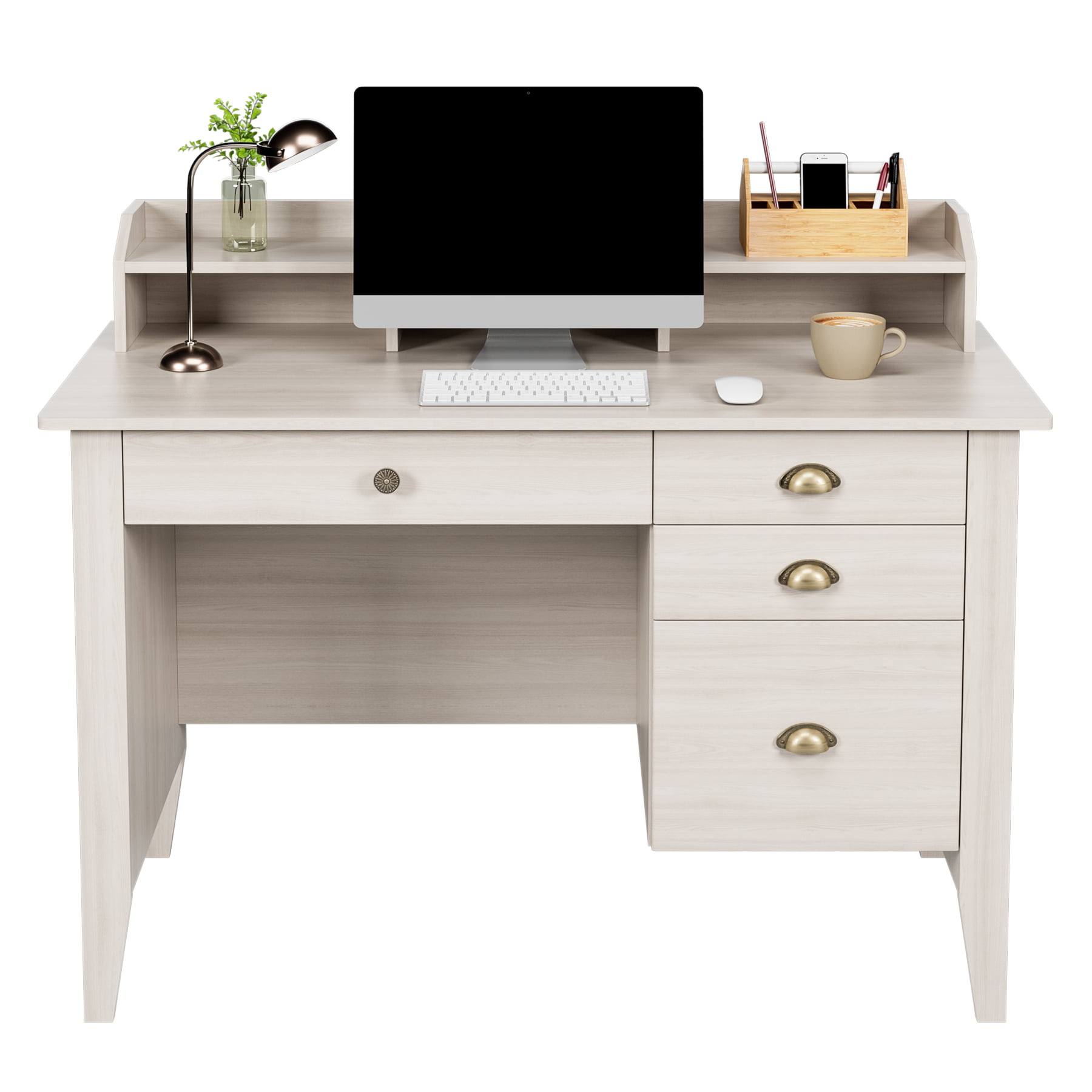 Homfa 47 in Computer Desk. Home Office Writing Table with 4 Drawers and Hutch Shelf. Sturdy Desk with Spacious Desktop. Oak White Finish