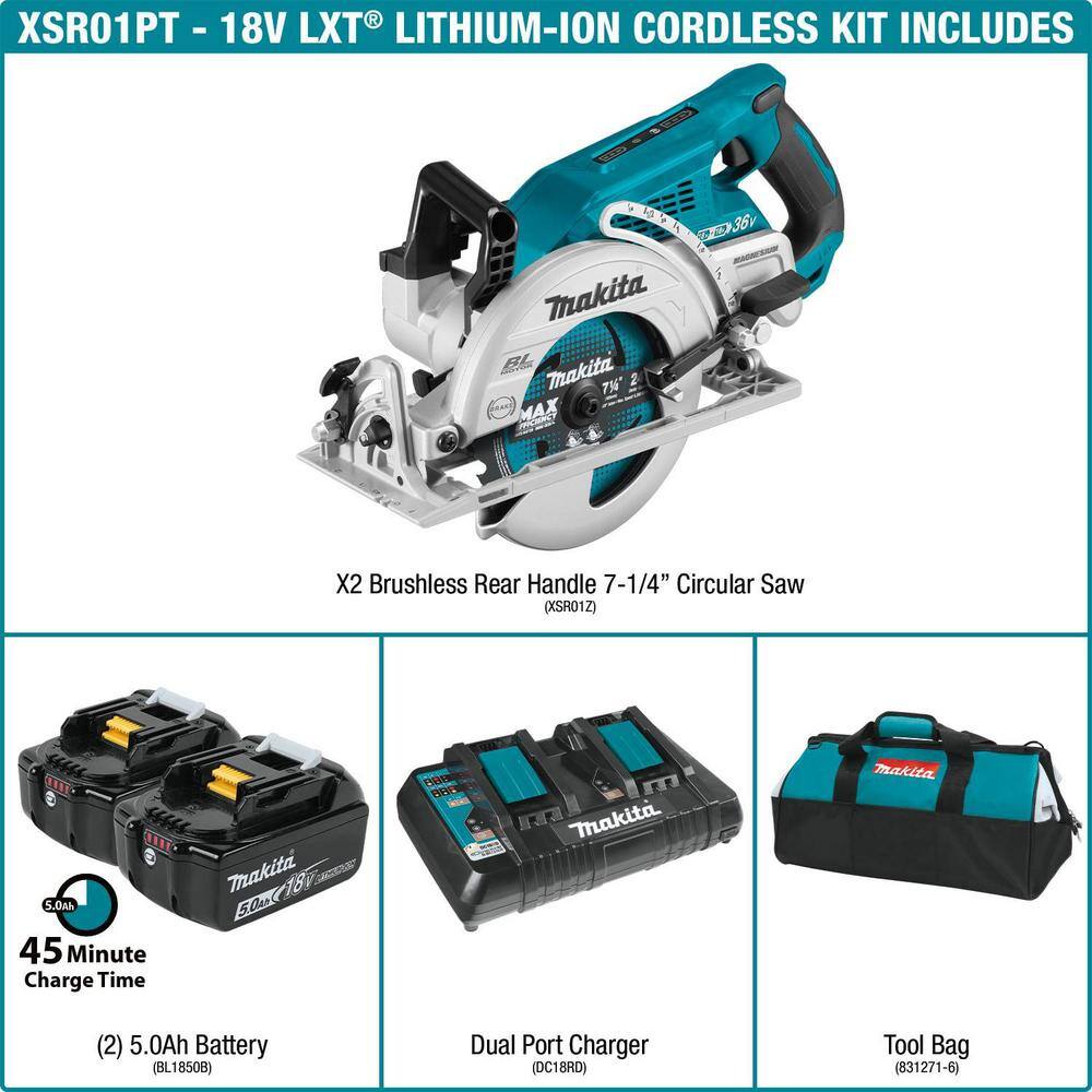 Makita 1002582445 18V X2 LXT 5.0Ah Lithium-Ion (36V) Brushless Cordless Rear Handle 7-1/4 in. Circular Saw Kit