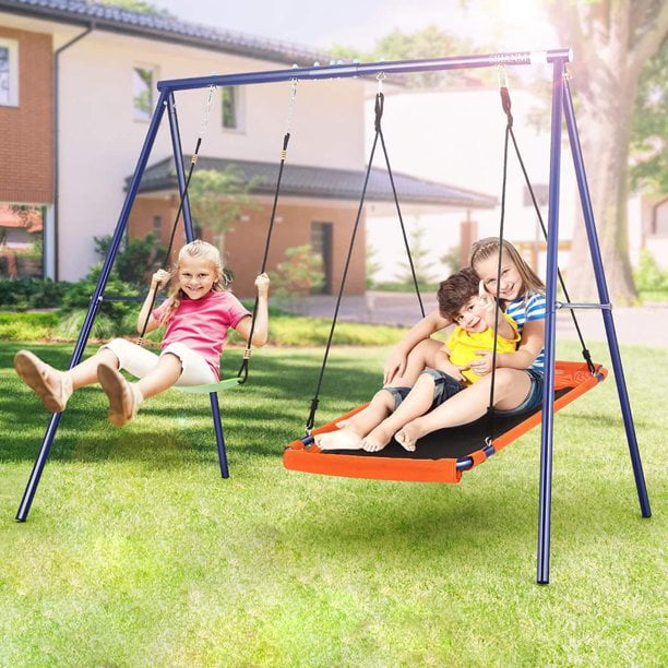 Swing Sets for Backyard. Heavy Duty A Frame 2 Seat Metal Swing Stand Set for Kids and Adults with Saucer Swing Seat and Belt Swing Seat. 440 lbs Bearing Weight Outdoor. Clearance Items