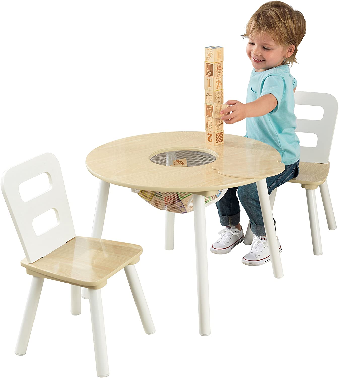 KidKraft Wooden Round Table & 2 Chair Set with Center Mesh Storage - Natural & White. Gift for Ages 3-6 23.5 x 23.5 x 17.3