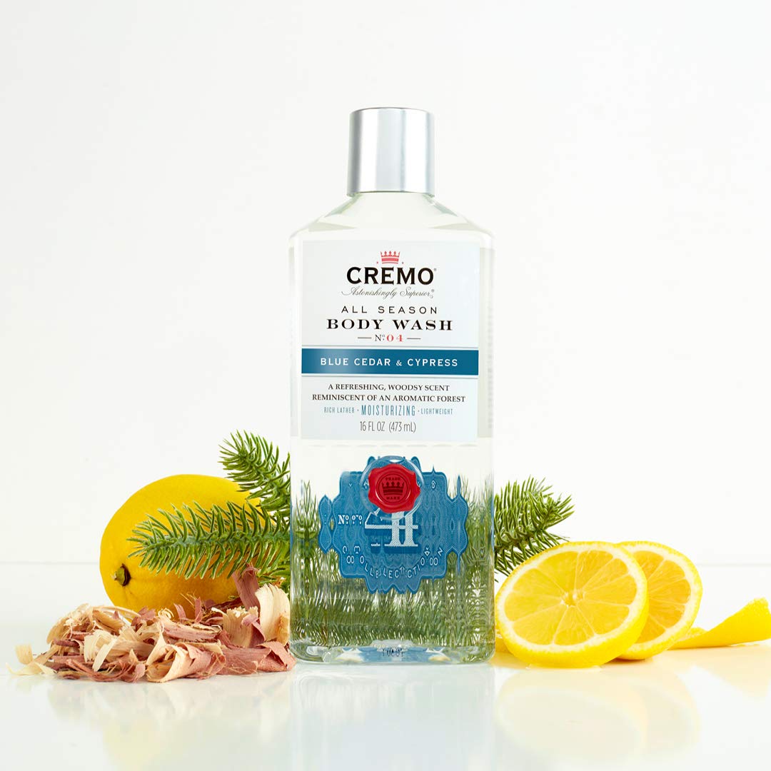 Cremo Rich-Lathering Blue Cedar & Cypress Body Wash. A Woodsy Scent with Notes