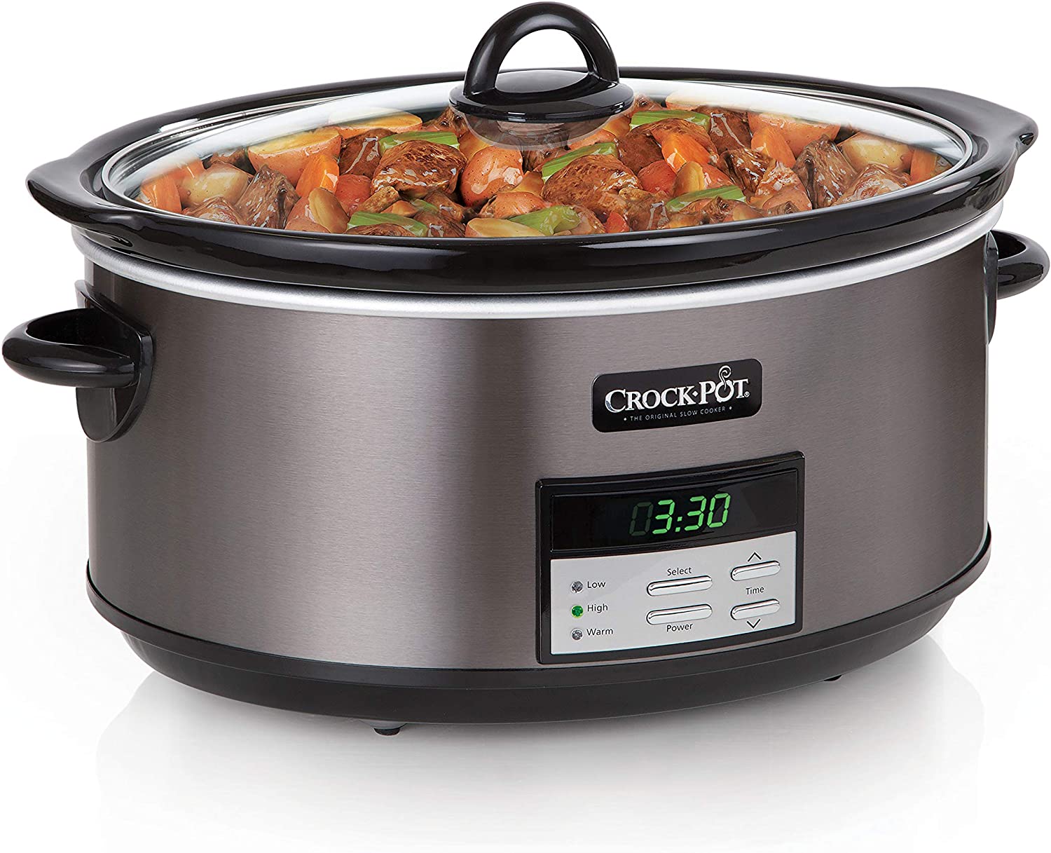 Crock-Pot 8 Quart Slow Cooker with Auto Warm Setting and Cookbook. Black Stainless Steel