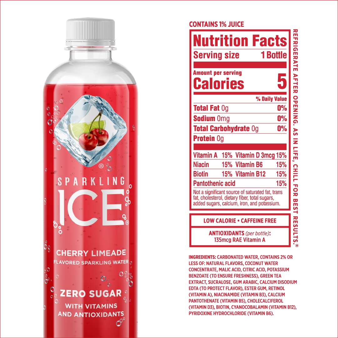 Sparkling Ice. Cherry Limeade Sparkling Water. Zero Sugar Flavored Water. 17 fl oz