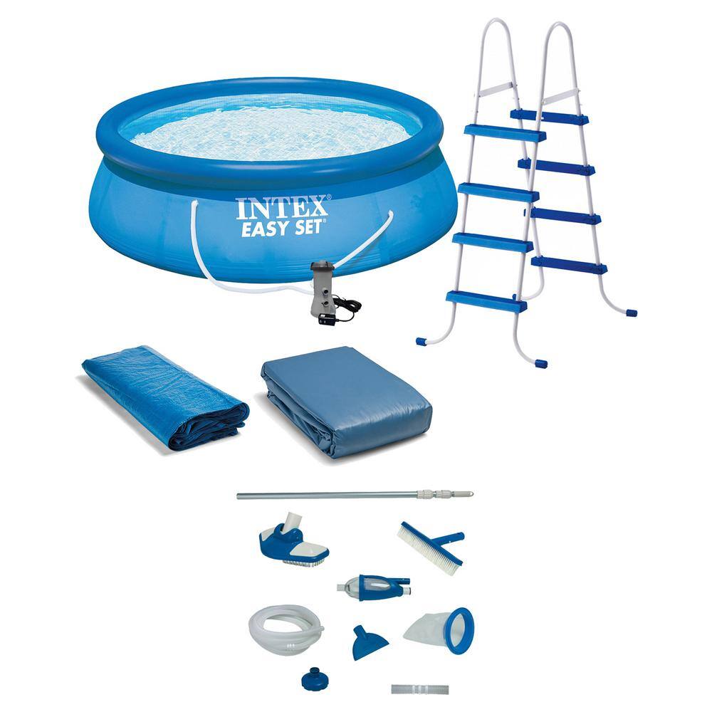 Intex 26167EH + 28003E Easy Set 15 ft. Round 48 in. Deep Above Ground Inflatable Pool with Ladder. Pump and Deluxe Pool Maintenance Kit