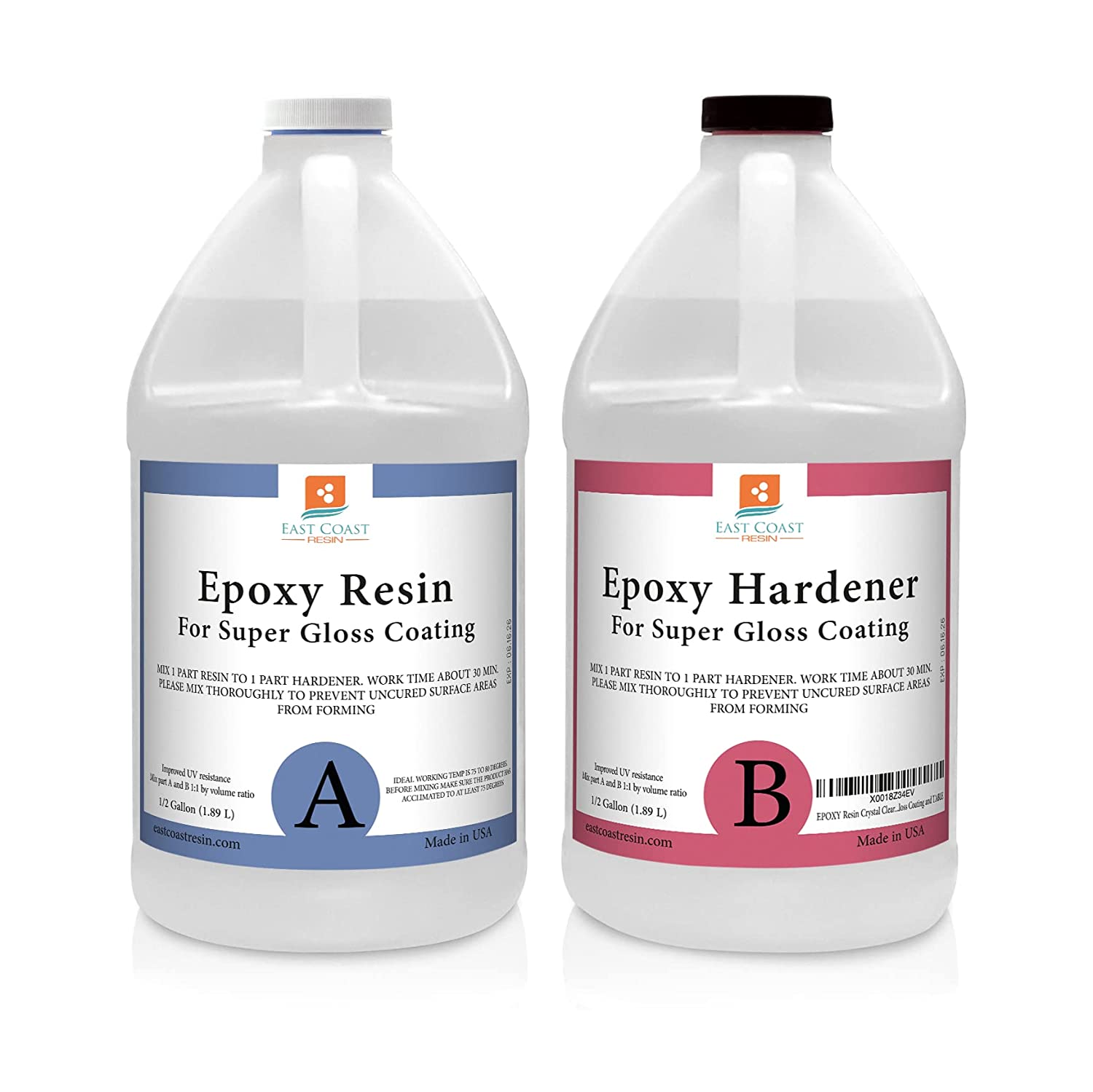 East Coast Resin Epoxy Resin 1 Gallon Kit | 1:1 Crystal Clear Resin and Hardener for Super Gloss Coating | for Bars. Tabletop. Art. Jewelry. Casting Molds | Safe for Use on Wood. Metal. Stone. Plastic. Marine Sealer