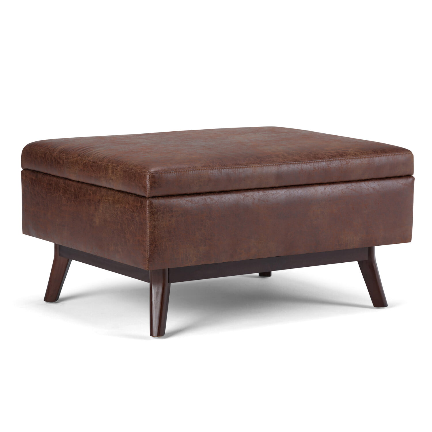Simpli Home Owen 34 inch Wide Mid Century Modern Rectangle Coffee Table Storage Ottoman-Color:Distressed Saddle Brown.Fabric:Faux Air Leather