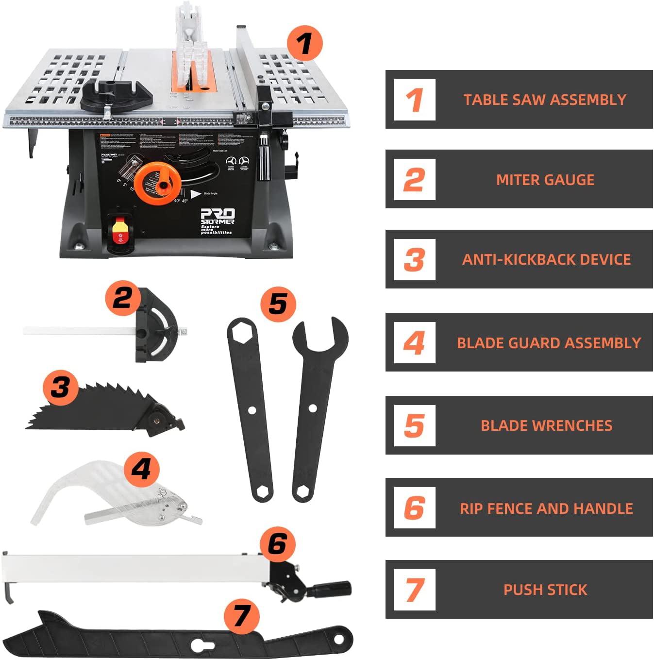 PROSTORMER Table Saw. 10 Inch 15A Multifunctional Saw with Stand 45º -90º Blade Angle and about 5000RPM No-Load Speed