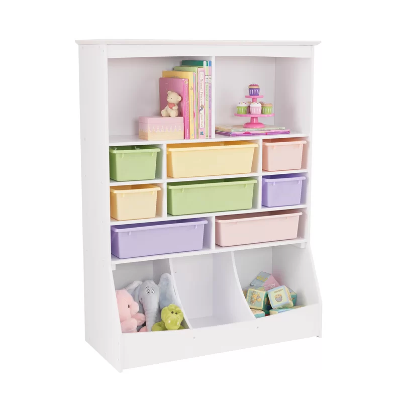 KidKraft Wooden Wall Storage Unit with 8 Plastic Bins and 13 Compartments - White. Gift for Ages 3+