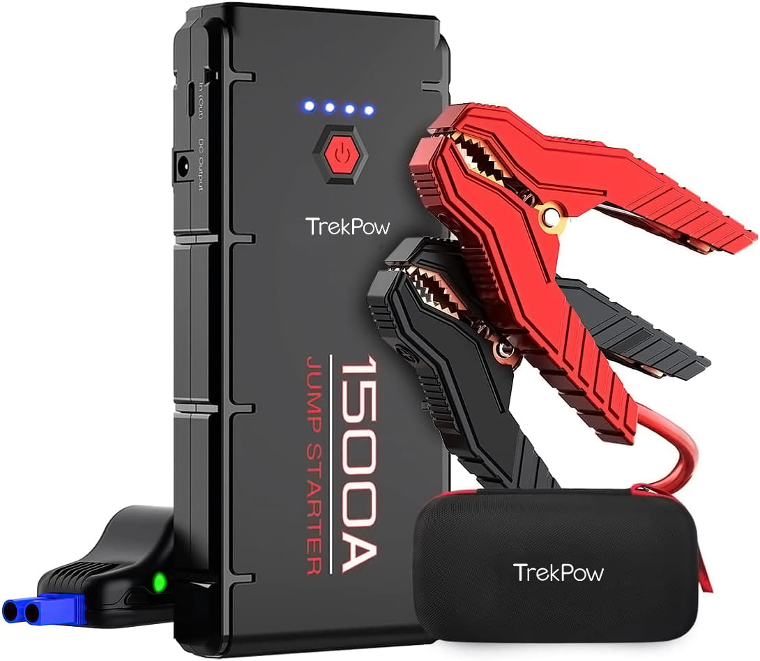 Trekpow Car Jump Starter. 1500A Peak Battery Jumper 12000mAh Auto Battery Booster Portable Power Bank with Smart Clamps. Type C & DC Output. LED Light. Engine Up to 8.0L Gas and 6.5L Diesel