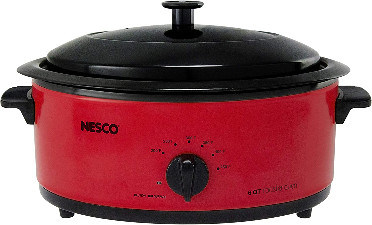 NESCO 4816-12 Roaster Oven with Porcelain Cookwell. Red. 6 quart. 750 watts