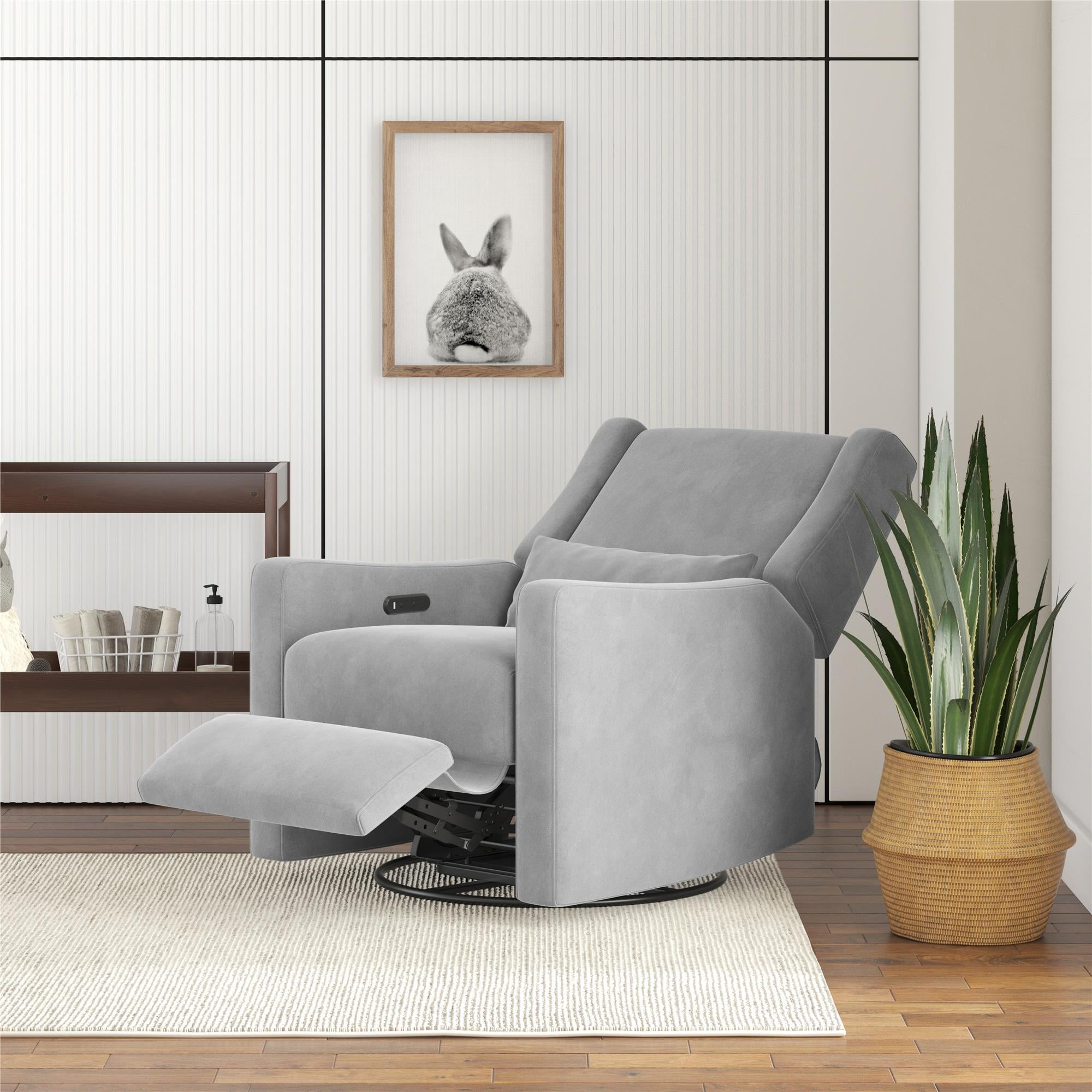 Baby Relax Otto 4-in-1 Swivel Glider Rocker Power Recliner with USB Ports. Light Gray Velvet