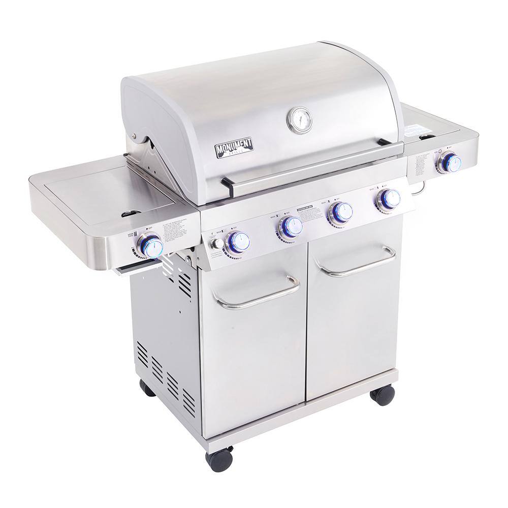Monument Grills 24367 4-Burner Propane Gas Grill in Stainless with LED Controls. Side and Side Sear Burners