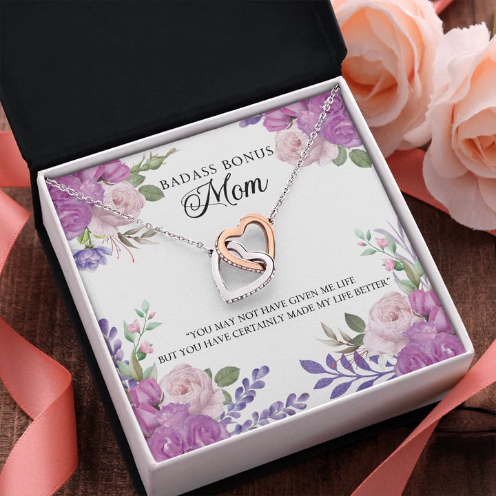 Badass Bonus Mom – Interlocking Hearts Necklace. Mother's Day Gifts