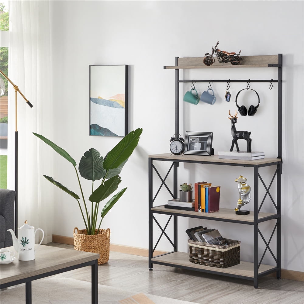 SmileMart 4-Tier Bakers Rack Kitchen Storage Shelf with S-Hooks. Gray