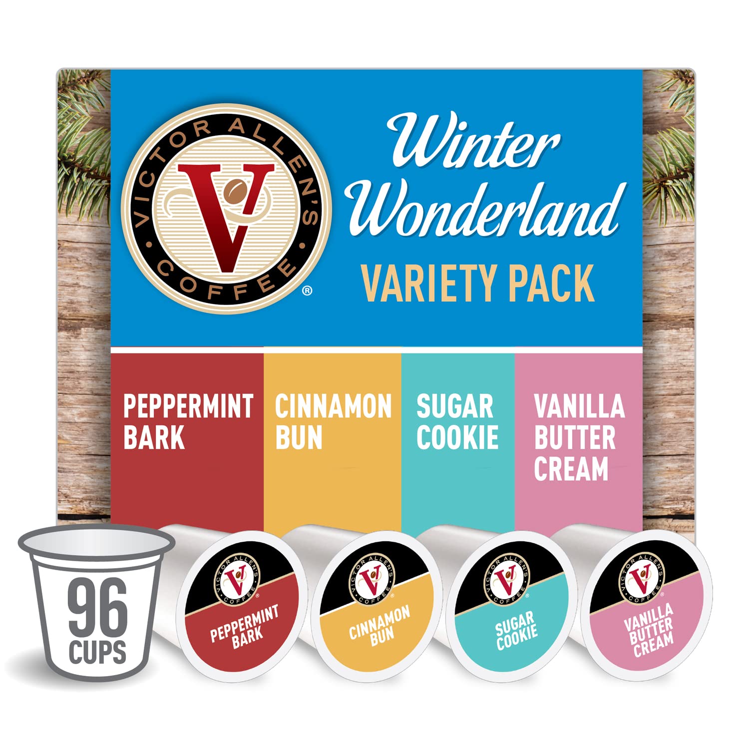 Victor Allen-s FG014973 Coffee Flavored Variety Pack. Peppermint Bark. Cinnamon Bun. Sugar Cookie. Vanilla Buttercream. Single Serve Coffee Pods for Keurig K-Cup Brewers. Winter Wonderland. 96 Count