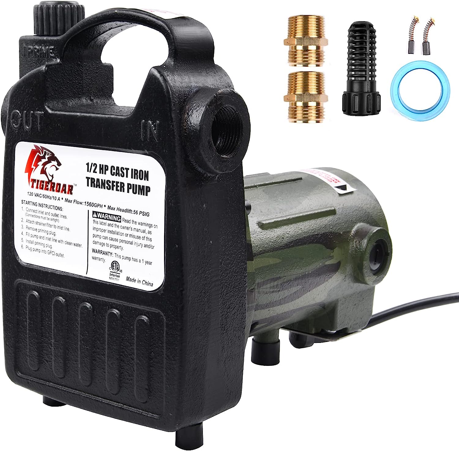 TIGEROAR 120V AC Portable Water Transfer Pump 1560 GPH Cast Iron 1/2 HP Water Pump with 6 ft. Power Cord for Pool Pump with Multipurpose Water Transferring - Camouflage Color