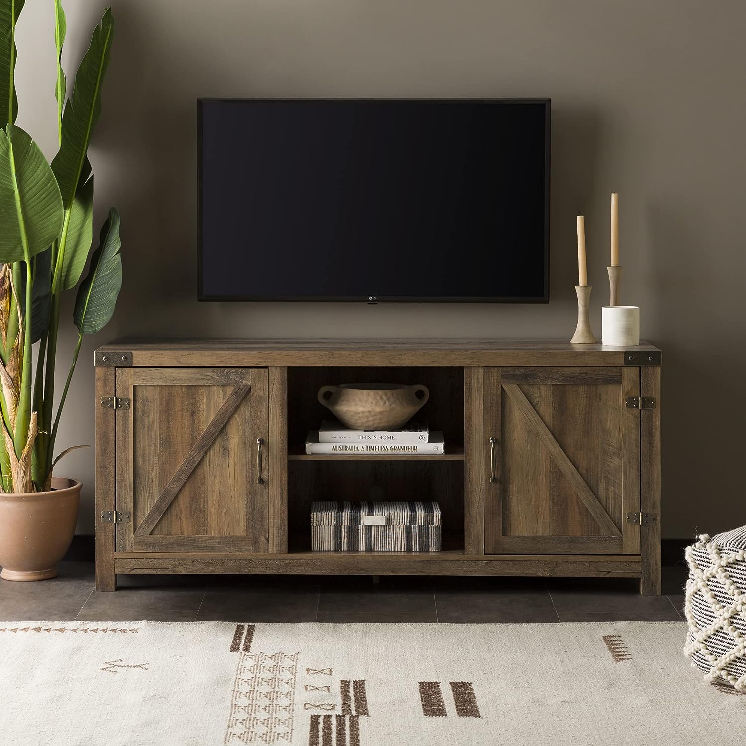 Walker Edison Georgetown Modern Farmhouse Double Barn Door TV Stand for TVs up to 65 Inches. 58 Inch. Rustic Oak