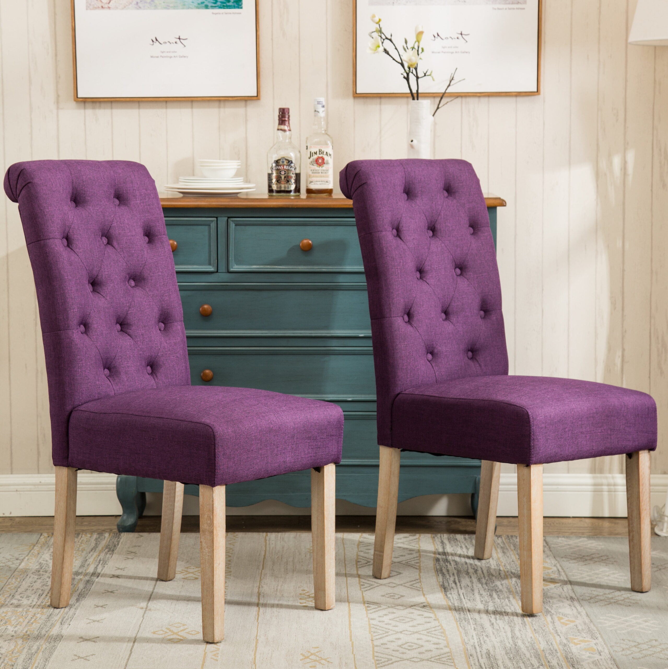 Roundhill Furniture Habit Contemporary Parsons Chair. Set of 2. Fabric and Solid Rubberwood. Purple