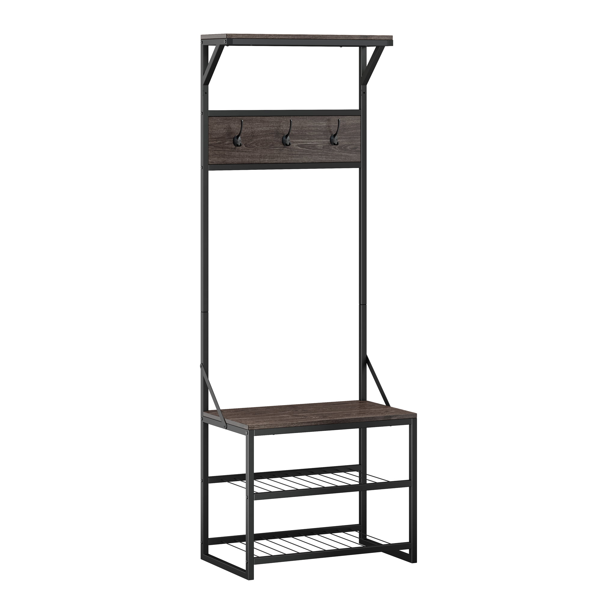 RiverRidge Home Afton Metal Frame Hall Tree with Seat. 3 Open Shelves. and 3 Hooks in Dark Weathered Wood