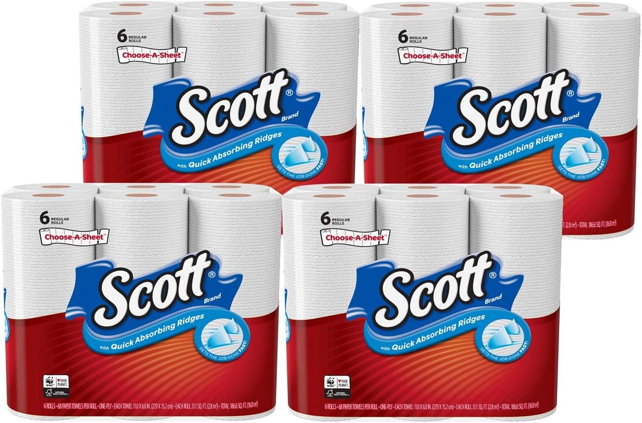 Scott Choose-A-Sheet Regular Roll Paper Towels. 6 Count (Pack of 4) White. Quick Absorbing Ridges for Easy Cleanup