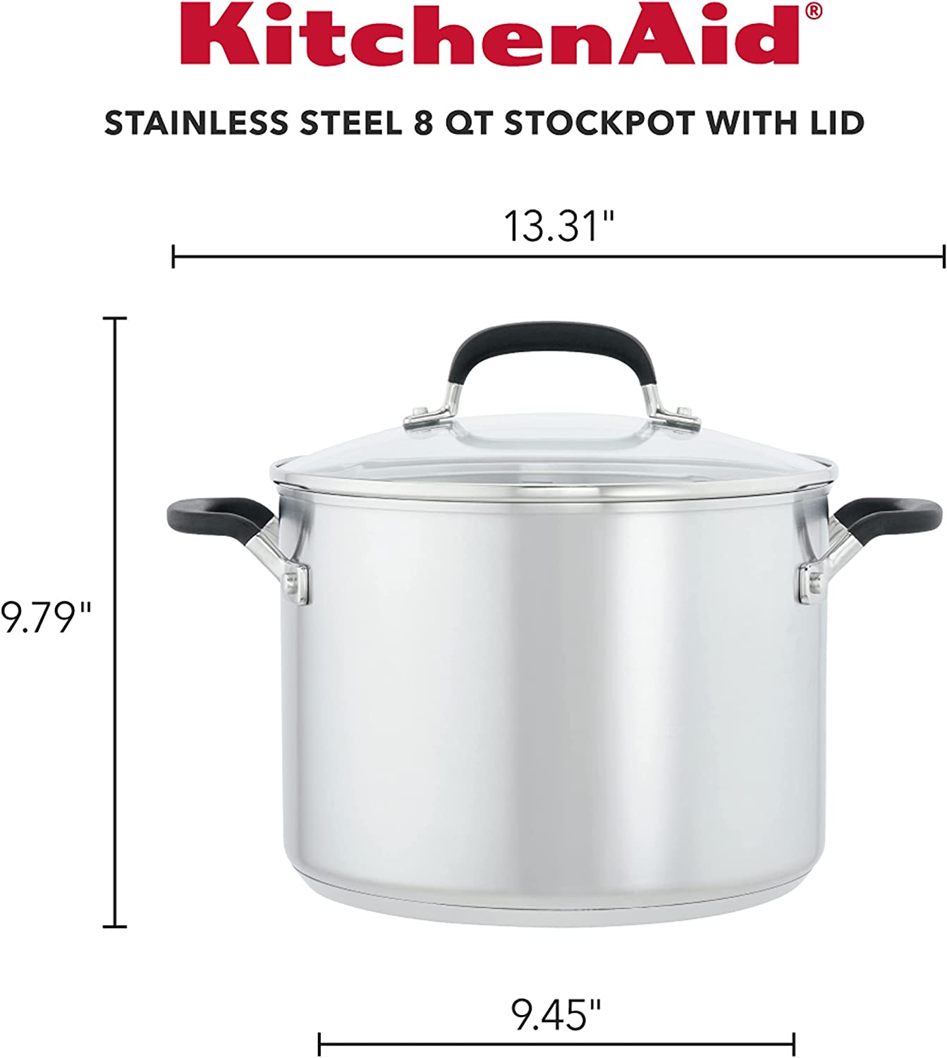 KitchenAid Stainless Steel Stockpot with Measuring Marks and Lid. 8 Quart. Brushed Stainless Steel