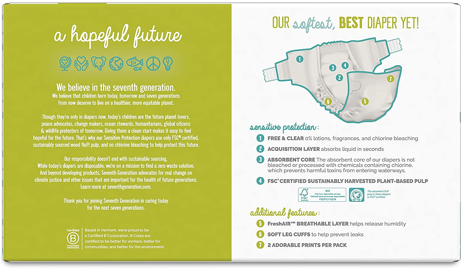 Seventh Generation Baby Diapers. Size 2. 128 Count. Giant Pack. for Sensitive Skin