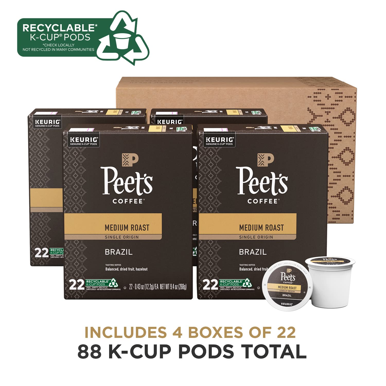Peet-s Coffee. Medium Roast K-Cup Pods for Keurig Brewers - Single Origin Brazil 88 Count (4 Boxes of 22 K-Cup Pods)
