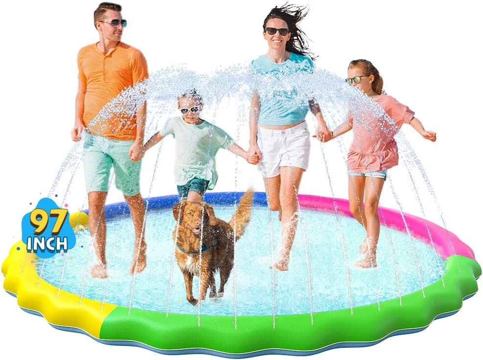 VISTOP Non-Slip Splash Pad for Kids and Dog. Thicken Sprinkler Pool Summer Outdoor Water Toys - Fun Backyard Fountain Play Mat for Baby Girls Boys Children or Pet Dog (97 inch. Red&Yellow&Green&Blue)