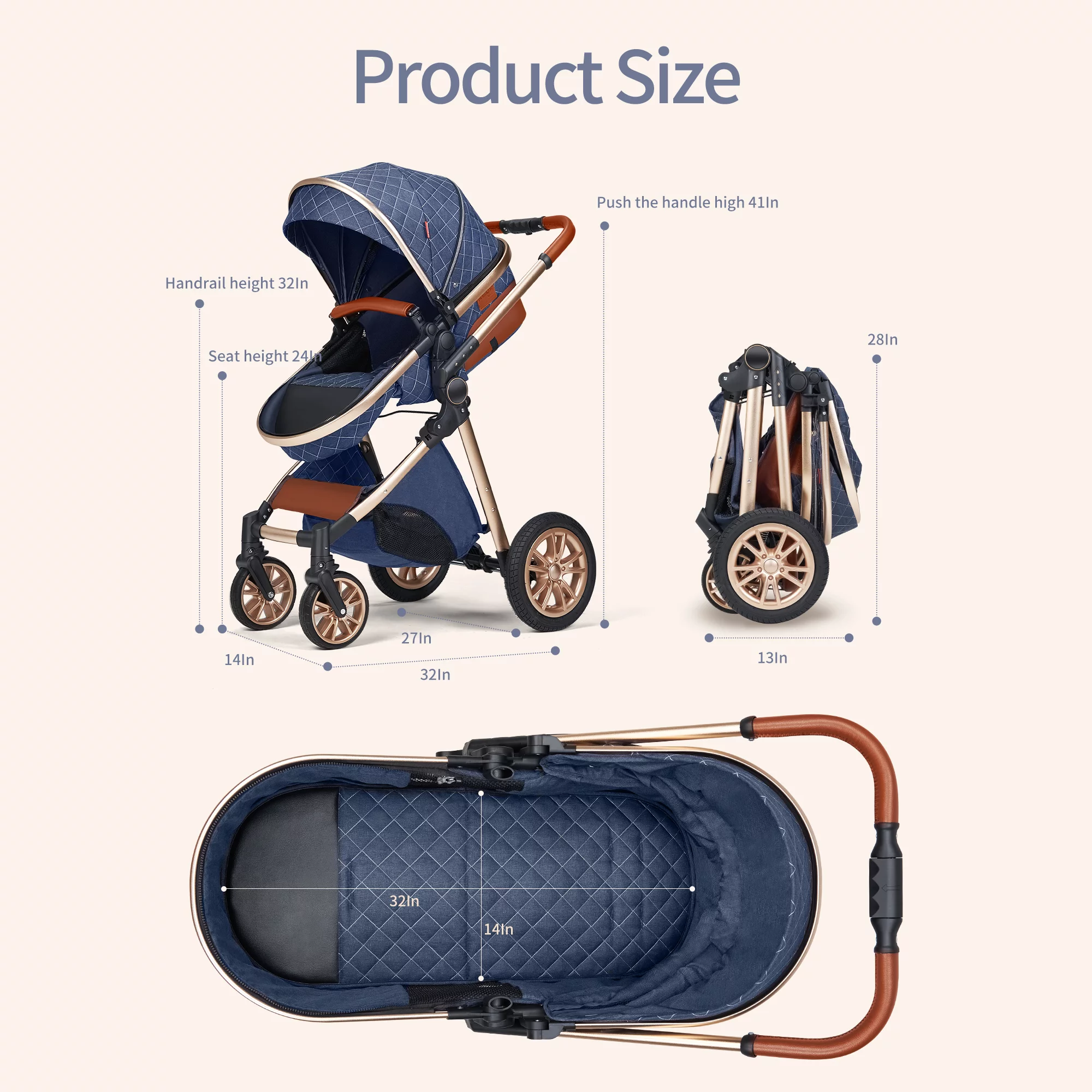 B.Childhood High Landscape Baby Stroller Folding Reversible Seat.Unisex.Blue