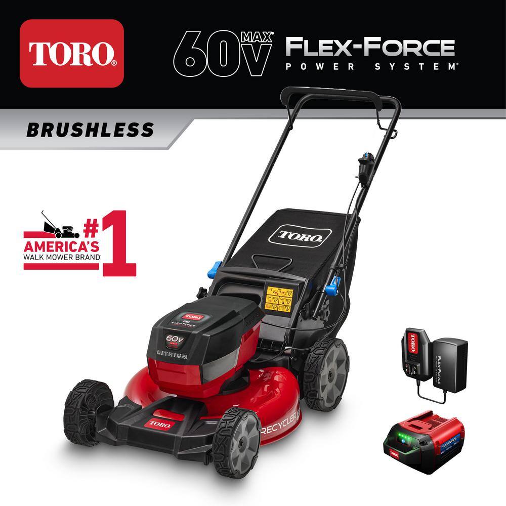 Toro 21323 21in. Recycler SmartStow 60-Volt Lithium-Ion Brushless Cordless Battery Walk Behind Push Mower - 4.0 Ah Battery. Charger