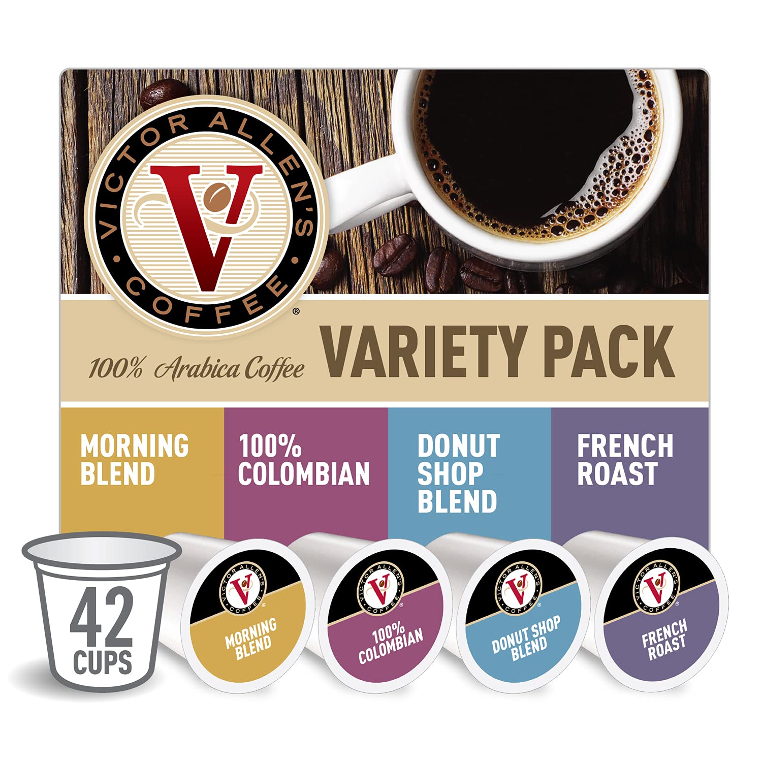 Victor Allen FG015193 Donut Shop. Morning Blend. 100% Colombian. and French Roast for K-Cup Keurig 2 Brewers's Coffee Single Serve Coffee Pod. Variety Pack. 42 Count