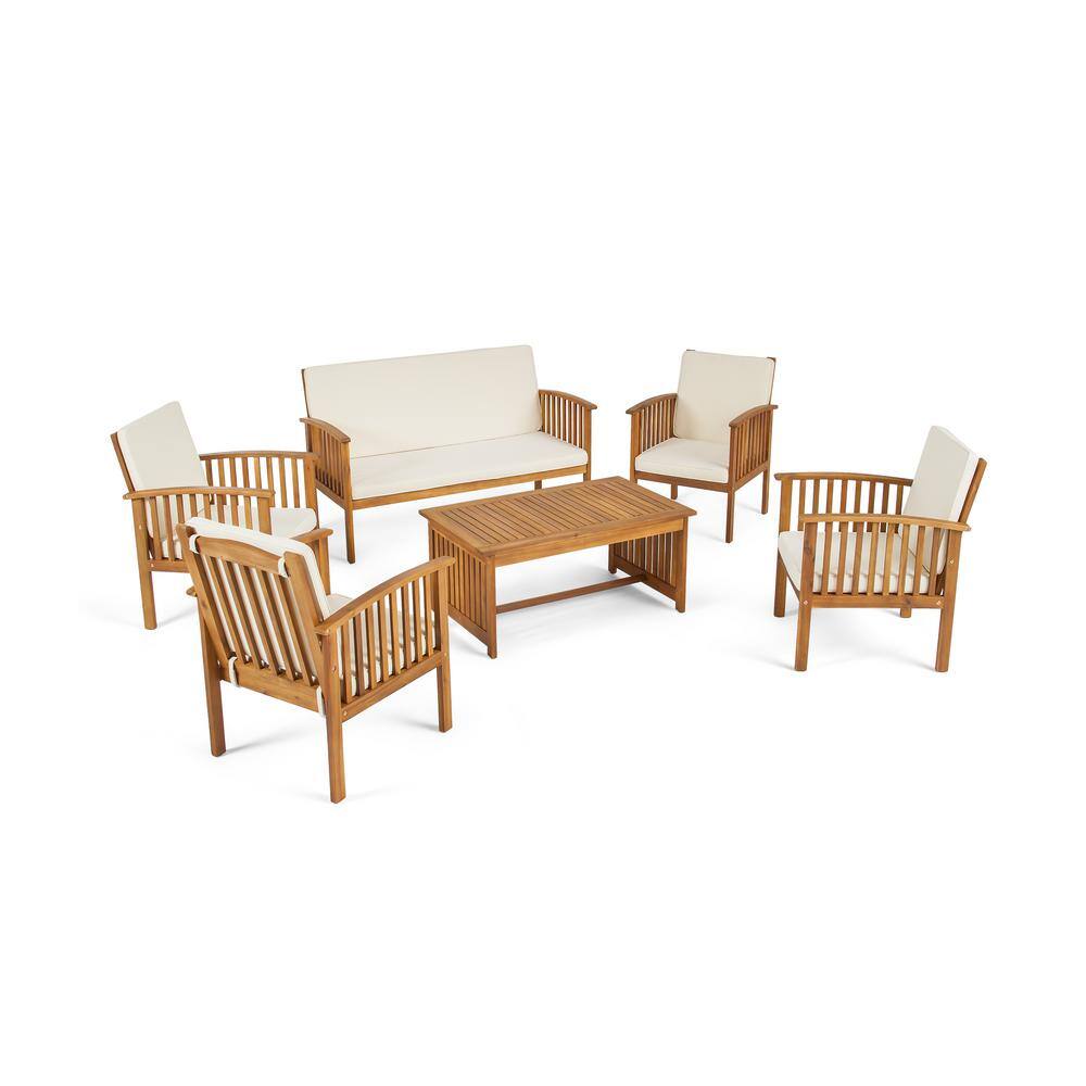 Noble House  Carolina Brown Patina 6-Piece Wood Patio Conversation Set with Cream Cushions