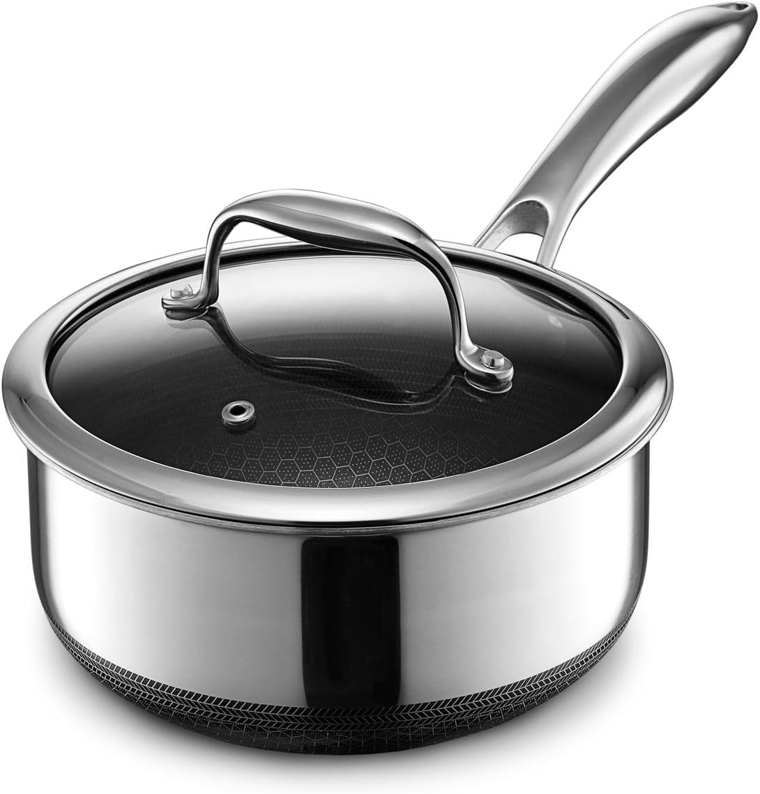 HexClad 2 Quart Hybrid Nonstick Saucepan and Lid. Dishwasher and Oven Friendly. Compatible with All Cooktops