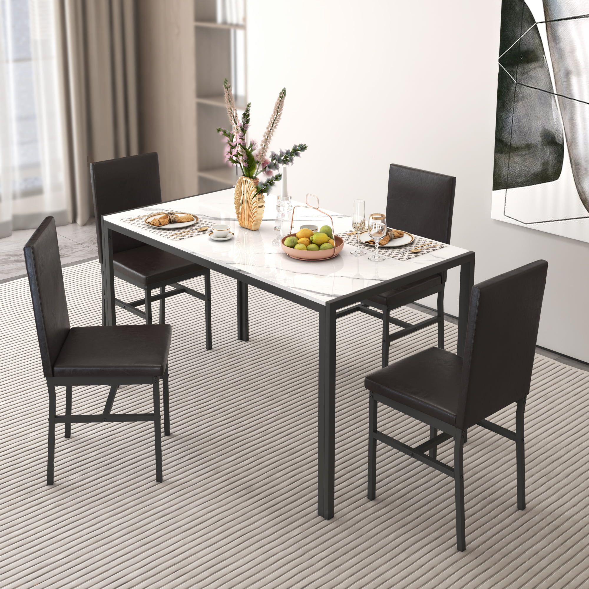 Syngar 5 Piece Dining Set. Modern Dining Table and Chairs Set for 4. Kitchen Dining Table Set with Faux Marble Tabletop and 4 PU Leather Upholstered Chairs. for Small Space. Breakfast Nook. D8835