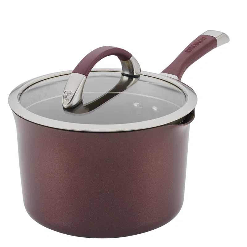 Circulon 87532 Symmetry Hard Anodized Nonstick Sauce Pan/Saucepan with Straining and Lid. 3.5 Quart. Red