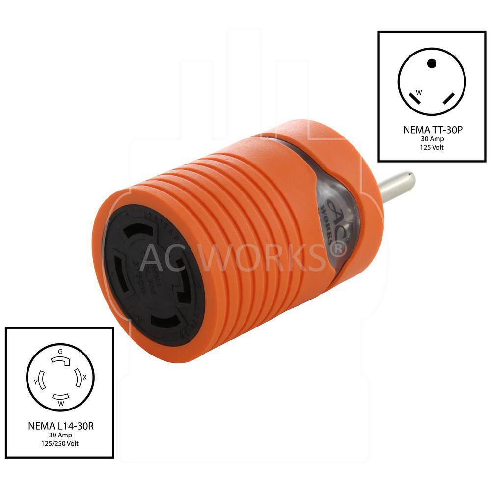 AC WORKS ADTTL1430 Locking Adapter RV/Generator TT-30P 30 Amp Plug to L14-30R 4-Prong 30 Amp Locking Female Connector (Hots Bridged)